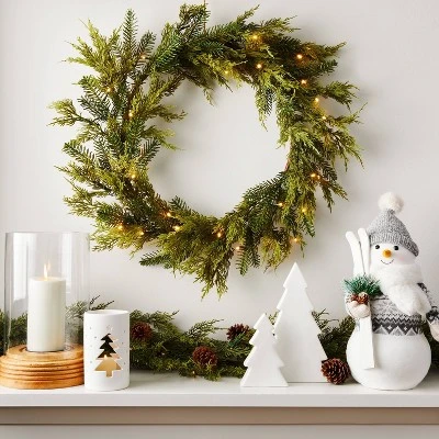 28" Pre-lit Mixed Greenery Artificial Christmas Wreath LED Warm White Lights - Wondershop™ 1 28" Pre-lit Mixed Greenery Artificial Christmas Wreath LED Warm White Lights - Wondershop™