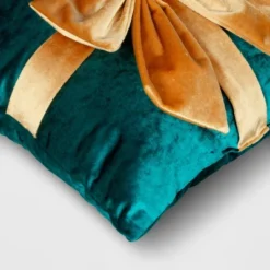 16"x6" Christmas Green Velvet Square Pillow With Teal Bow - Wondershop™ -Christmas Lights GUEST 12cd500e 851a 448c b5f6 f47520195518