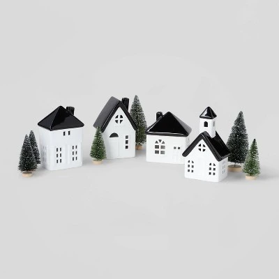 10pc Battery Operated Decorative Ceramic Village Kit White/Black With Green Trees - Wondershop™ 2 10pc Battery Operated Decorative Ceramic Village Kit White/Black With Green Trees - Wondershop™ - Image 2