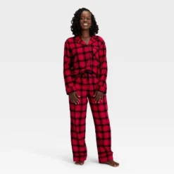 Women's Plaid Flannel Long Sleeve Shirt And Pants Holiday Matching Family Pajama Set - Wondershop™ Red/Black -Christmas Lights GUEST 2a4a105e 1d01 428d 95d8 1ac14f3375fd