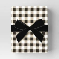 30” 25 Sq Ft Christmas Roll Wrap Cream/White/Black Gingham Check - Wondershop™