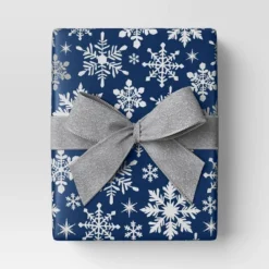30” 25 Sq Ft Christmas Roll Wrap White Snowflakes On Blue - Wondershop™