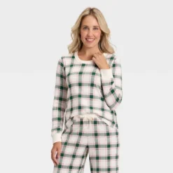 Women's Plaid Ribbed Long Sleeve Holiday Matching Family Pajama Shirt - Wondershop™ Cream -Christmas Lights GUEST 48696ace c01d 4c3a 9096 58f36ee8aae9