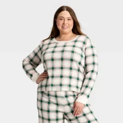Women's Plaid Ribbed Long Sleeve Holiday Matching Family Pajama Shirt - Wondershop™ Cream -Christmas Lights GUEST 5a370036 4c3f 43d2 9831 4a36475ac44d