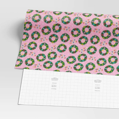 30” 20 Sq Ft Christmas Roll Wrap Happy Holidays And Wreaths On Pink - Wondershop™ 2 30” 20 Sq Ft Christmas Roll Wrap Happy Holidays And Wreaths On Pink - Wondershop™ - Image 2