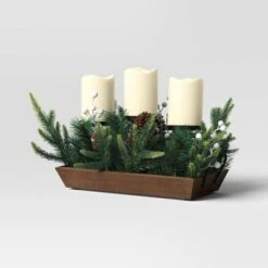 Battery Operated Flameless Pillar Candle And Black Candle Holder In Wood Tray With Faux Christmas Greenery - Wondershop™ -Christmas Lights GUEST d0b42b71 c387 4991 b229 9f700eeb7eb1