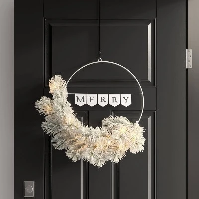 20" Battery Operated Lit Flocked Mixed Greenery On 'Merry' Metal Hoop Artificial Christmas Wreath White - Wondershop™ 1 20" Battery Operated Lit Flocked Mixed Greenery On 'Merry' Metal Hoop Artificial Christmas Wreath White - Wondershop™